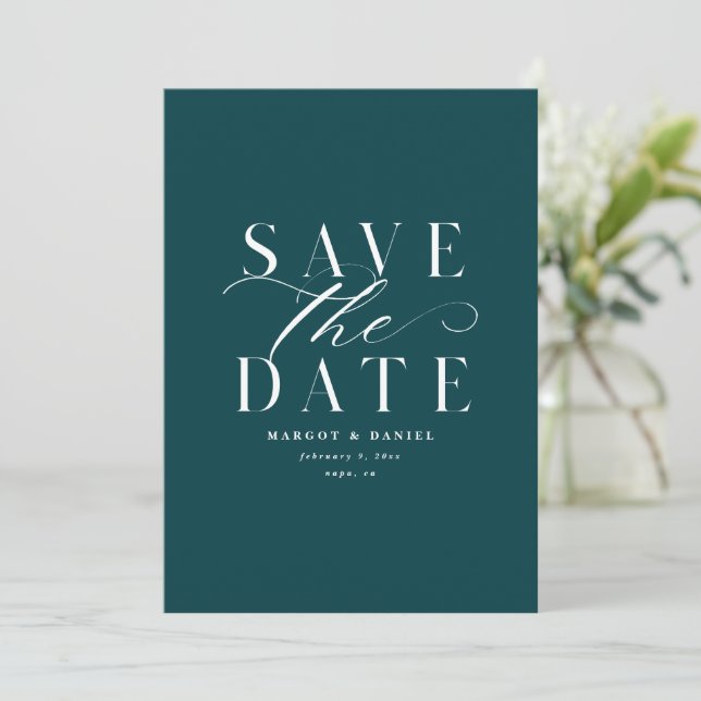 Dark Teal Trendy Save The Date No Photo QR Code (Standing Front)