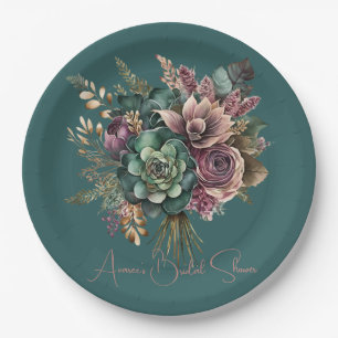 Dark Teal Turquoise Burgundy Floral Bouquet Shower Paper Plate