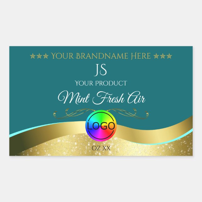 Dark Teal Wavy Gold Logo Monogram Product Label (Front)