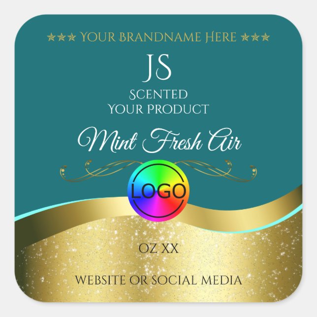 Dark Teal Wavy Gold Logo Monogram Product Label (Front)