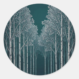 Dark Teal White Birch Forest Trees Classic Round Sticker