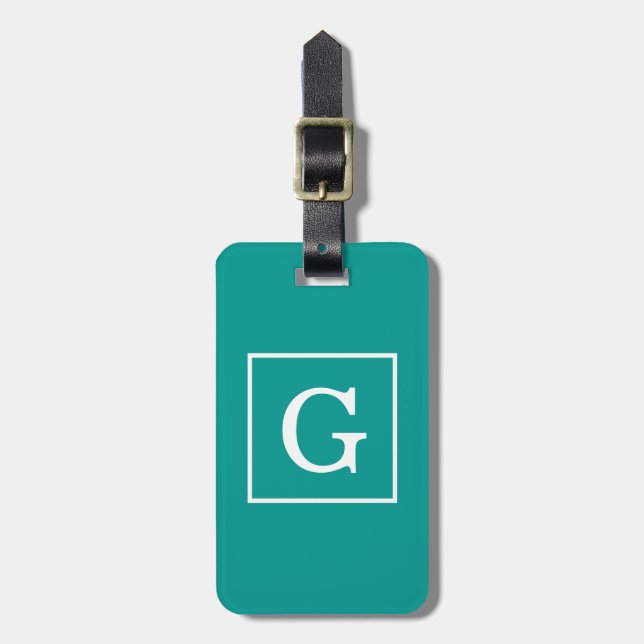 Dark Teal White Framed Initial Monogram Luggage Tag (Front Vertical)