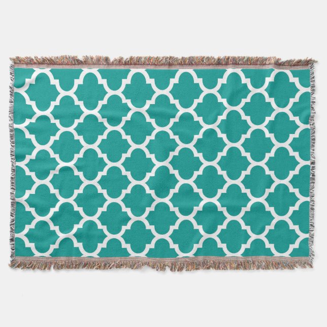 Dark Teal White Moroccan Quatrefoil Pattern #5 Throw Blanket (Front)