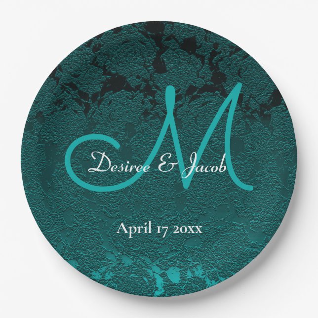 Dark Teal White Turquoise Elegant Wedding Monogram Paper Plate (Front)