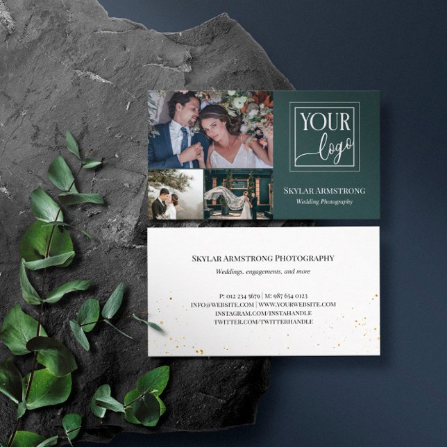 Dark Teal Your Logo Photo Collage Photographer Business Card (Creator Uploaded)