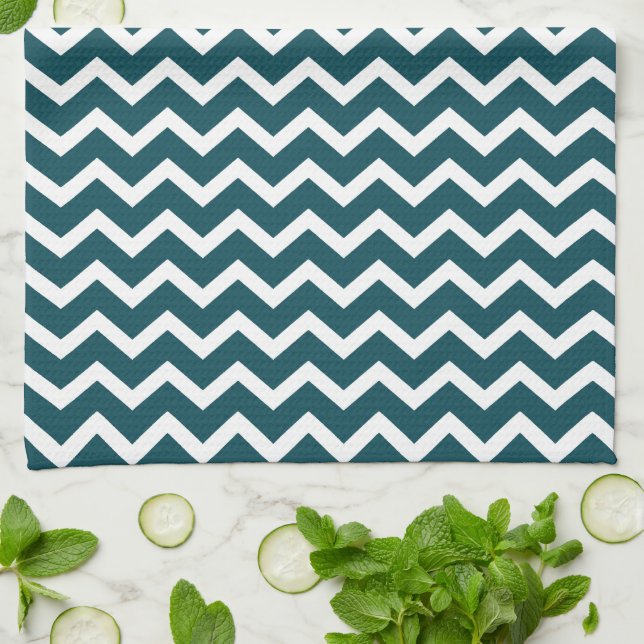 Dark Teal Zig Zag Chevrons Pattern Tea Towel (Folded)