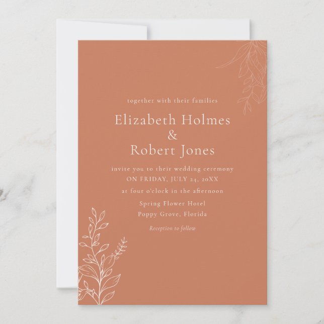 Dark Terracotta Botanical Wedding Invitation (Front)