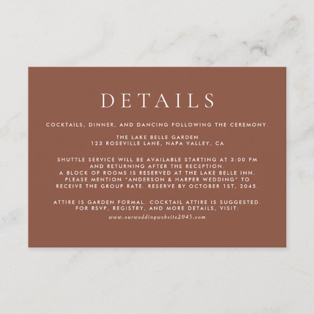 Dark Terracotta Classic Typography Wedding Details Enclosure Card (Front)