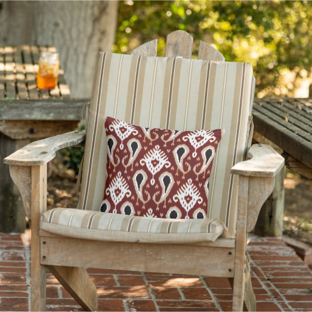 Dark Terracotta Red Taupe Brown Ikat Tribal Art Cushion (Chair)