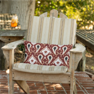 Dark Terracotta Red Taupe Brown Ikat Tribal Art Lumbar Cushion