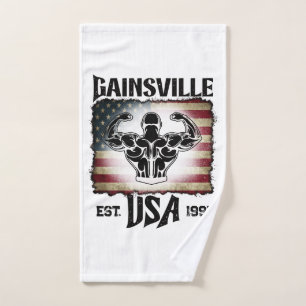 Dark Text Gainsville USA Flag Biceps Bodybuilder Hand Towel