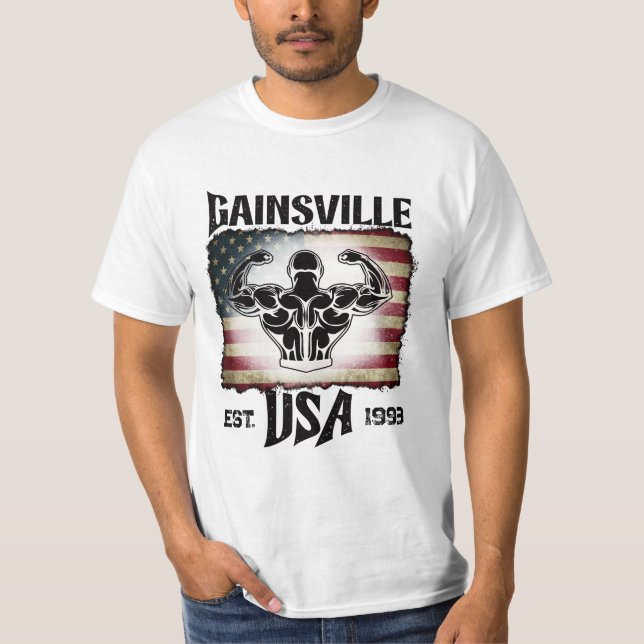 Dark Text Gainsville USA Flag Biceps Bodybuilder T-Shirt (Front)