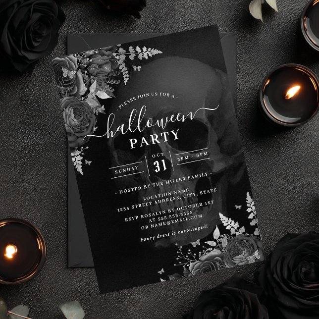 Dark Theme Skull Floral Halloween Party  Invitation (Creator Uploaded)