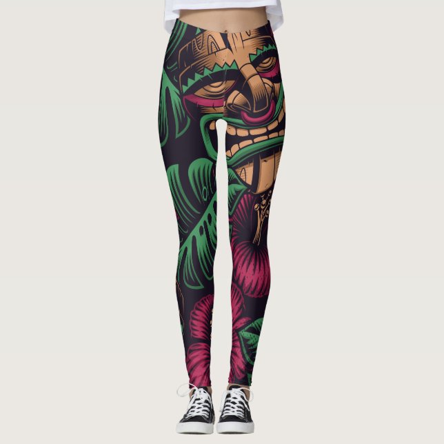 Dark tiki mask and hibiscus flower leggings (Front)