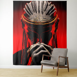 Dark Tribal Fantasy Praying Warrior Tapestry