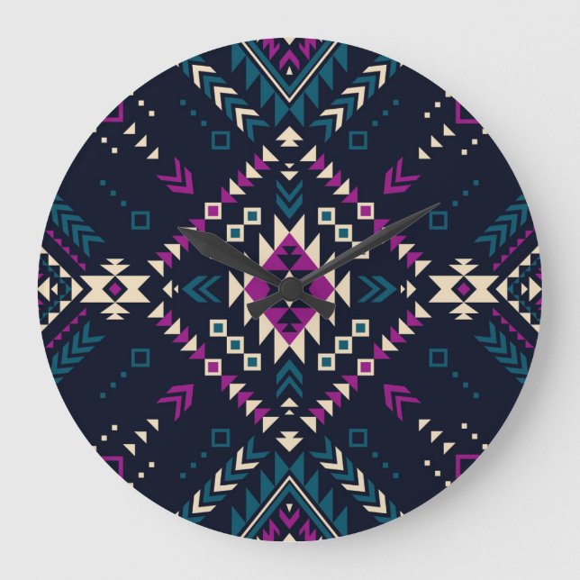 Dark tribal Navajo, vintage geometric. Large Clock (Front)