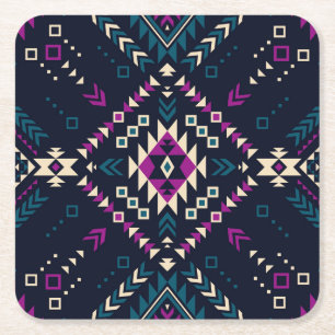 Dark tribal Navajo, vintage geometric. Square Paper Coaster