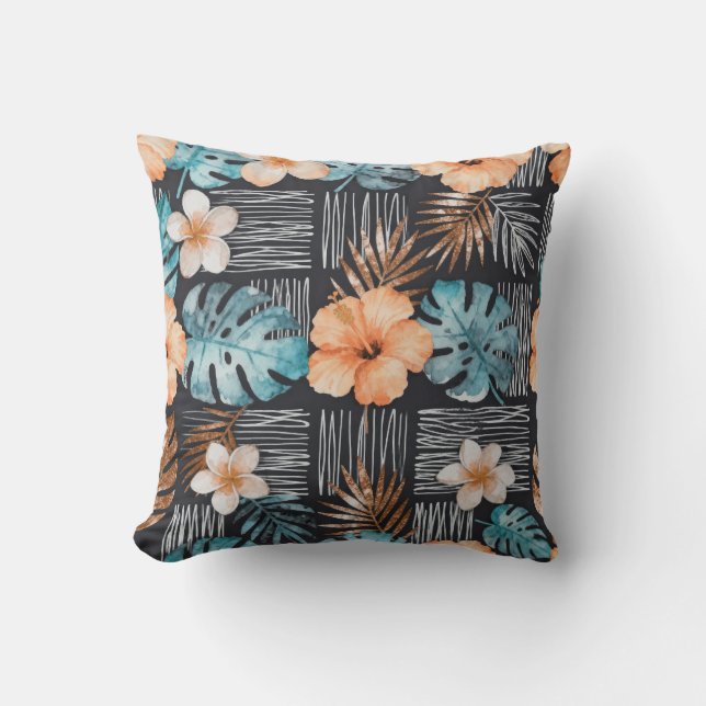 Dark Tropical Floral Throw Pillow (Front)