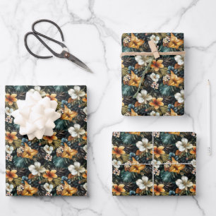 Dark Tropical Floral Wrapping Paper Sheet