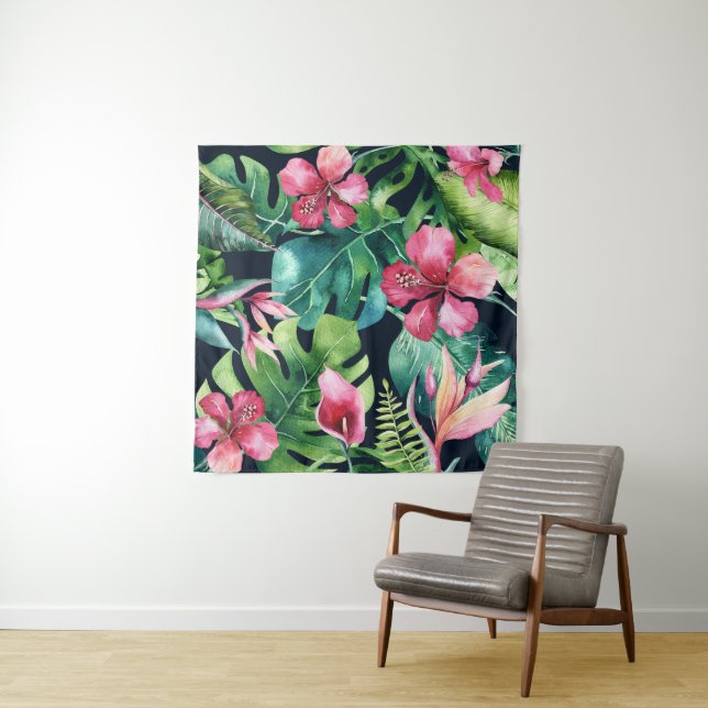 Dark Tropical Hibiscus Floral Paradise Backdrop Tapestry (In Situ)