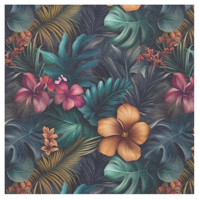 Dark Tropical Hibiscus & Leaves  Fabric (Close Up)