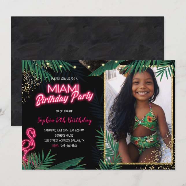Dark Tropical Miami Birthday Party With Photo Invitation (Front/Back)