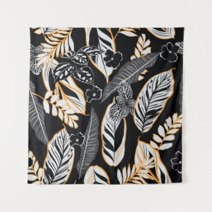 Dark tropical night leaves and foliage seamless pa tapestry