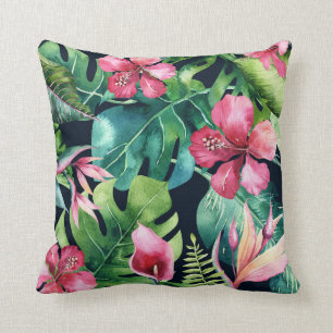 Dark Tropical Palm Leaves Hibiscus Floral Island Cushion