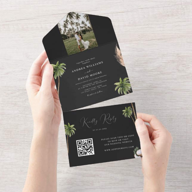 Dark Tropical Palm Tree Photo QR Code RSVP Wedding All In One Invitation (Tearaway)