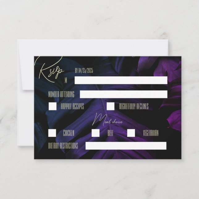 Dark Tropical Wedding Invitation, Purple Monstera RSVP Card (Front)