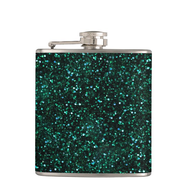 Dark Turquoise Blue Green Glitter Hip Flask (Front)