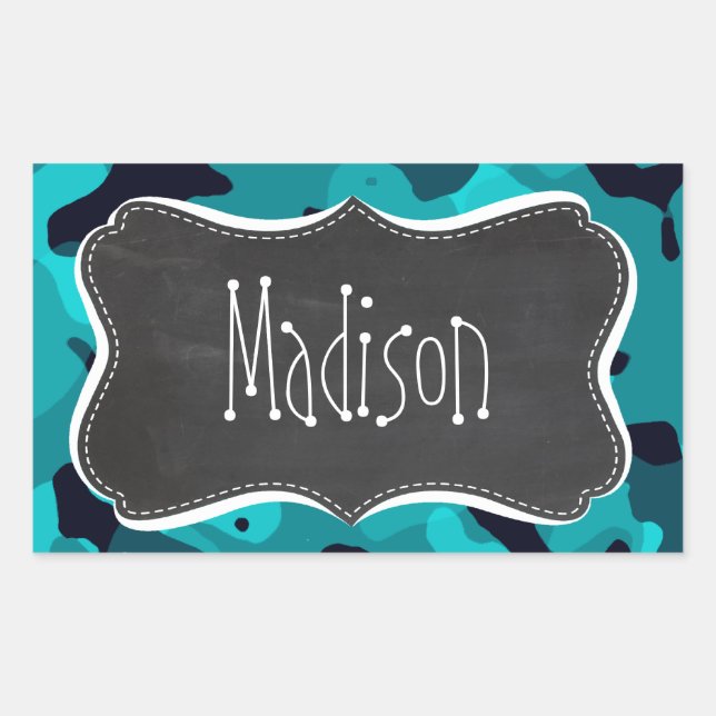 Dark Turquoise Camo; Chalkboard look Rectangular Sticker (Front)
