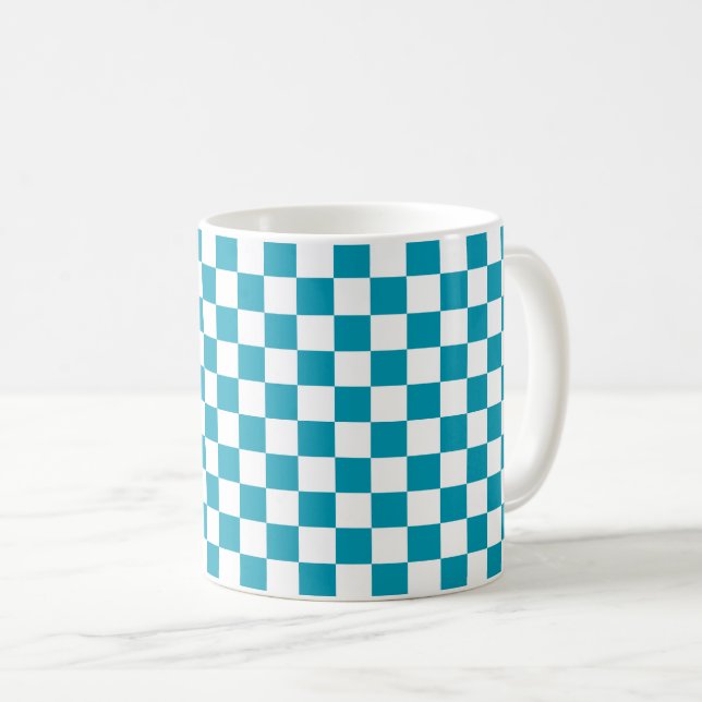 Dark turquoise chequered  coffee mug (Front Right)