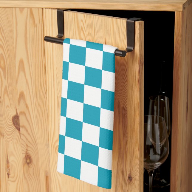 Dark turquoise chequered  tea towel (Thirds Fold)