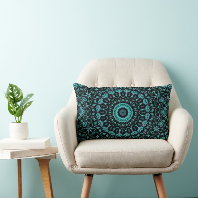 Dark Turquoise Floral Mandala Lumbar Cushion (Chair)