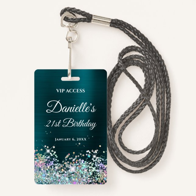 Dark Turquoise Foil Holo Glitter 21st Birthday ID Badge (Front with Lanyard)