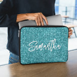 Dark Turquoise Glitter Brush Script Name Laptop Sleeve<br><div class="desc">Create your own teal luxury glitter with name or monogram.
Customise the brush script font calligraphy style and size.
There are other font styles in the system.
Move,  duplicate or delete the faux sparkle graphic.</div>