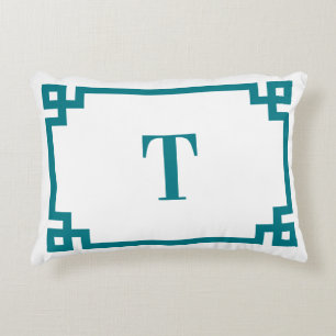 Dark Turquoise Greek Key Border Monogram Decorative Cushion