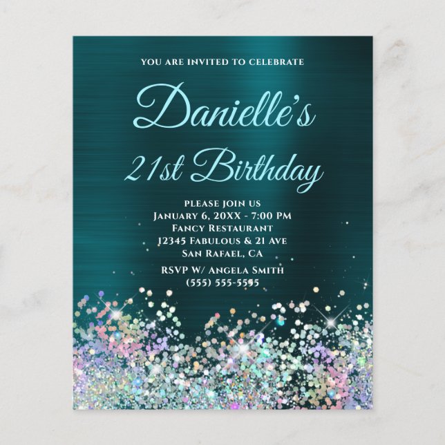 Dark Turquoise Holo Glitter 21st Birthday Flyer (Front)