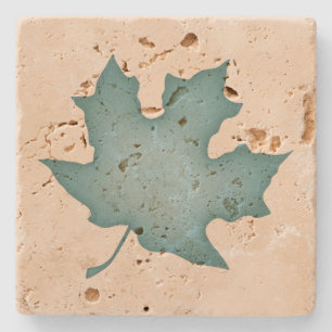 Dark Turquoise Leaf on Cream Stone Coaster