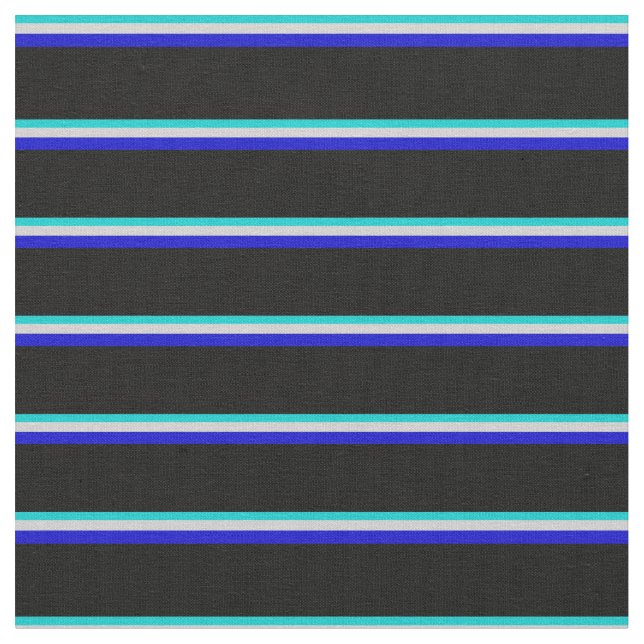 Dark Turquoise, Light Grey, Blue & Black Stripes Fabric (Close Up)