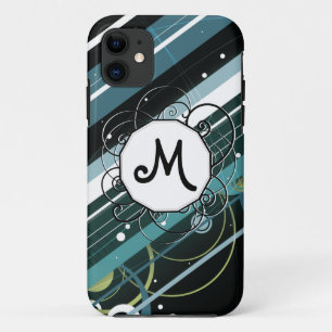 Dark Turquoise Modern-Retro Stripes with Monogram iPhone 11 Case