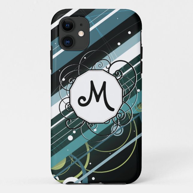 Dark Turquoise Modern-Retro Stripes with Monogram Case-Mate iPhone Case (Back)