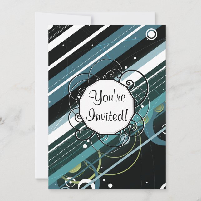 Dark Turquoise Modern-Retro Stripes with Monogram Invitation (Front)