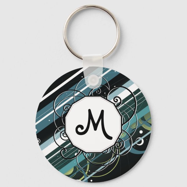 Dark Turquoise Modern-Retro Stripes with Monogram Key Ring (Front)