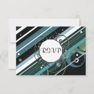 Dark Turquoise Modern-Retro Stripes with Monogram RSVP Card