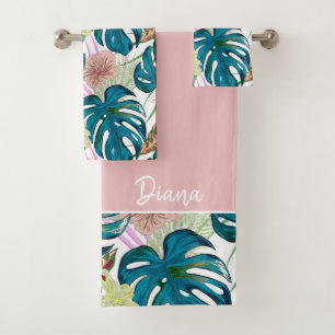 Dark turquoise monstera, delicate peach and yellow bath towel set