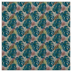 Dark turquoise monstera, delicate peach and yellow fabric