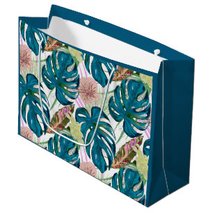 Dark turquoise monstera, delicate peach and yellow large gift bag