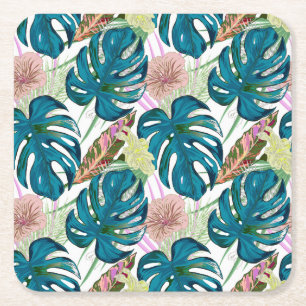Dark turquoise monstera, delicate peach and yellow square paper coaster